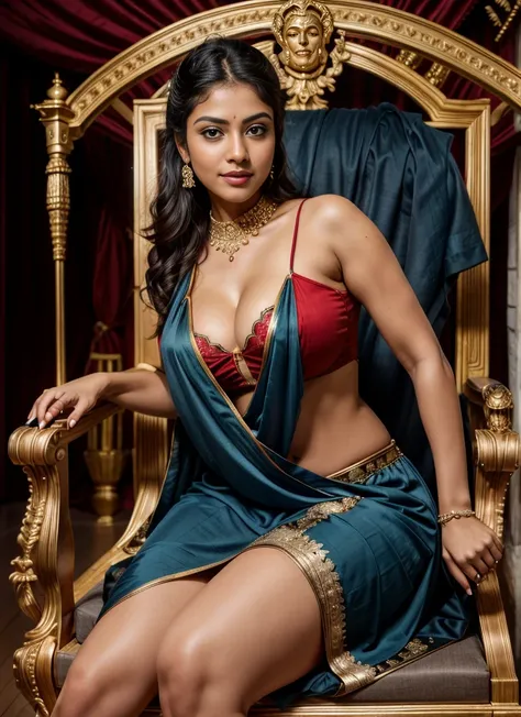 Full size real photograph of a Kerala mallu busty sexy nude woman in royal throne, 8k high res render, sexy busty body, detailed skin and face , ultra real, lion symbols beside rhe throne, royal arena, sexy busty thighs and legs, royal look, transparent re...