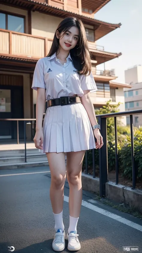 Resolution up to 8K, high definition (((long hair))), (( Thai student, half Thai-Japanese-Korean, age 18-25 years, height 173 centimeters.)), (((stand, walk)) ) , ( ( (Beautiful face, beautiful makeup, double eyelids, red lips, smile at the corners of the ...