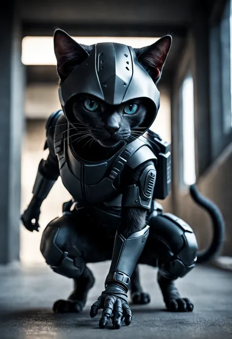 Dramatic shot of a futuristic humanoid ninja cat, stealth, Cinematic Stealth, Detailed Context Hyper-Detailed Photography, natural lighting, Nikon 70d, Diffusion souterraine, Hdr, aberration chromatique, volumetrics dtx