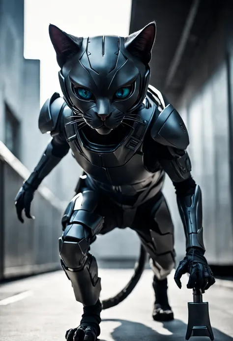 Dramatic shot of a futuristic humanoid ninja cat, stealth, Cinematic Stealth, Detailed Context Hyper-Detailed Photography, natural lighting, Nikon 70d, Diffusion souterraine, Hdr, aberration chromatique, volumetrics dtx