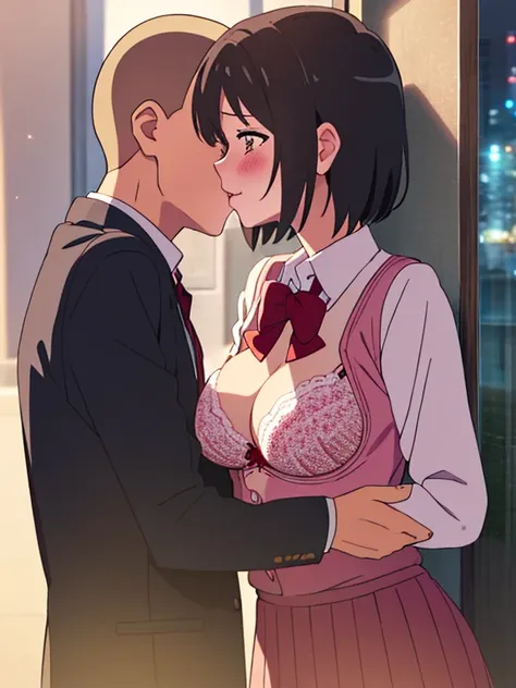 shinkai makoto, kimi no na wa., 1boy, buzzcut, white long sleeve school uniform, face to face, boy holding girls shoulders, kiss attempt, cheek licking cheek, 1girl, mitsuha miyamizu, open eyes, tears eyes, black hair, red ribbon, red headband, short hair,...