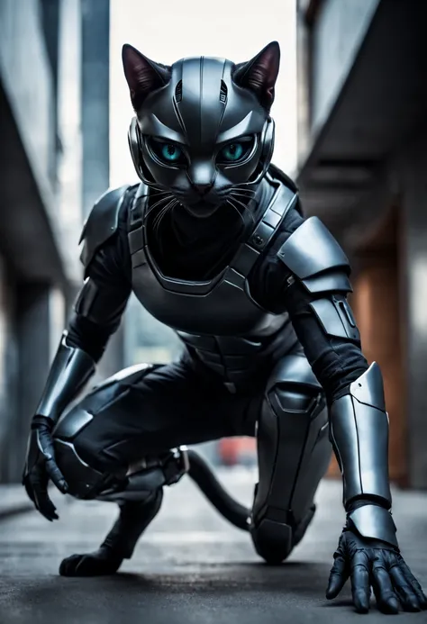 Dramatic shot of a futuristic humanoid ninja cat, stealth, Cinematic Stealth, Detailed Context Hyper-Detailed Photography, natural lighting, Nikon 70d, Diffusion souterraine, Hdr, aberration chromatique, volumetrics dtx