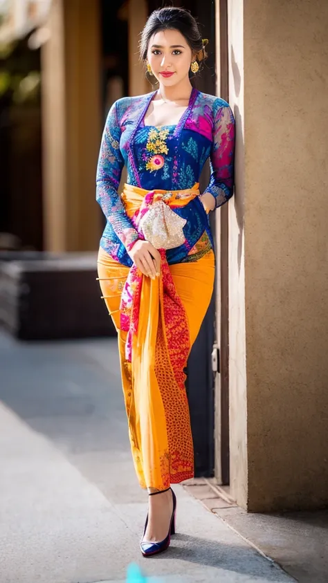 (8k, RAW photo, best quality, masterpiece:1.2),woman, portrait of woman wearing kebaya_bali in traditional black long kebaya, red lipstick, gold necklace, earrings, decoration, detail, flowers, blurred background, soft focus,SFW:1.3),(Full Body:1.7),(cute ...