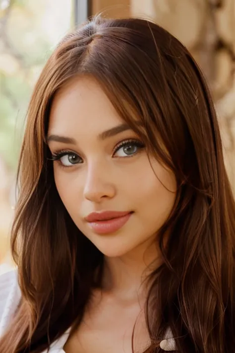 front portrait of a stunning girl, shy smile, detailed eyes, eyelashes, freckles, humongous breasts, auburn hair, super long hair, wavy hair, looking at viewer, natural lighting, natural features, canon eos 6, 50mm lens, centerfold, huge lips, fake lips