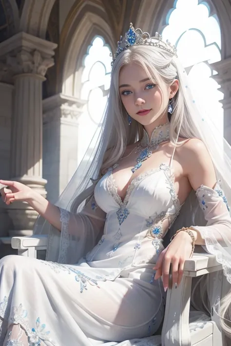 White goddess blue eyes in human shape、beautiful body of a flower of a very attractive age with white lower hair,,,,,,,Wearing a white dress,Smiling inside a magnificent palace made of white stone,Looking back in front of the throne, sitting in the throne,...