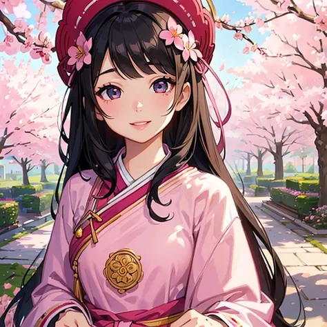 (a girl,black hair,beautiful detailed eyes,beautiful detailed lips,bright smile,traditional clothes,pink cherry blossoms,lively garden),traditional illustration,ultra-detailed,highres,vivid colors,soft lighting まんこ　くぱぁ