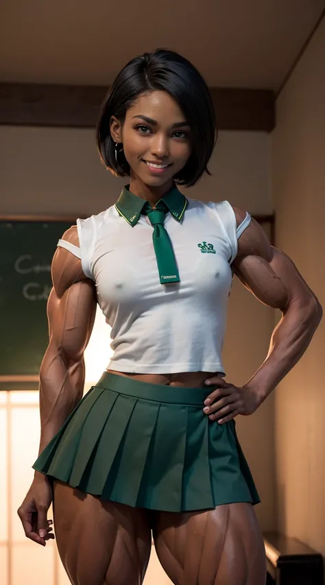 (Muscular:2), (thick muscular thighs, wide hips:2.4), (black female, dark skin:1.9), (android18 haircut:1.5), adult, long hair, (wearing glasses), earrings, eyeshadow, lipstick, bokeh, (eight pack abs:1.2), (freckles:0.9), (upper body view), (striations), ...