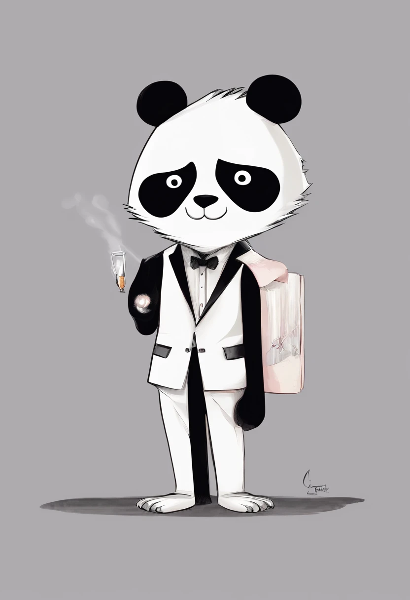 anthropomorphic panda, de cuerpo entero, vestido formalmente con un blazer, sostiene una bandeja, pegatina de panda, sticker de panda.