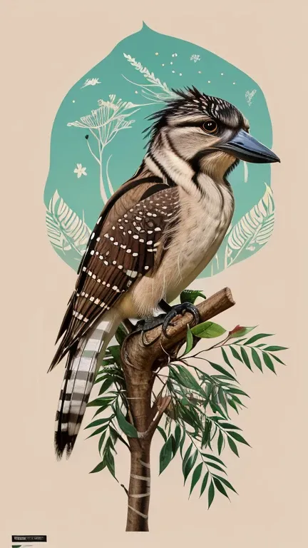 Australian Native flora, Kookaburra stiing on branch, retro poster, organic shapes, fluid lines --ar 5:7 --v 6