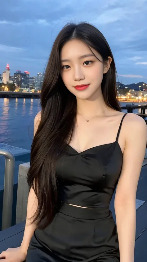 20 years old, pure beauty, danfeng eyes, double eyelids, lying silkworm, long eyelashes, black eyes, deep black hair, graceful body, showing slender waist, short skirt, face highlight, smile, look at me, bust photo, background, city night scene, Tyndall li...