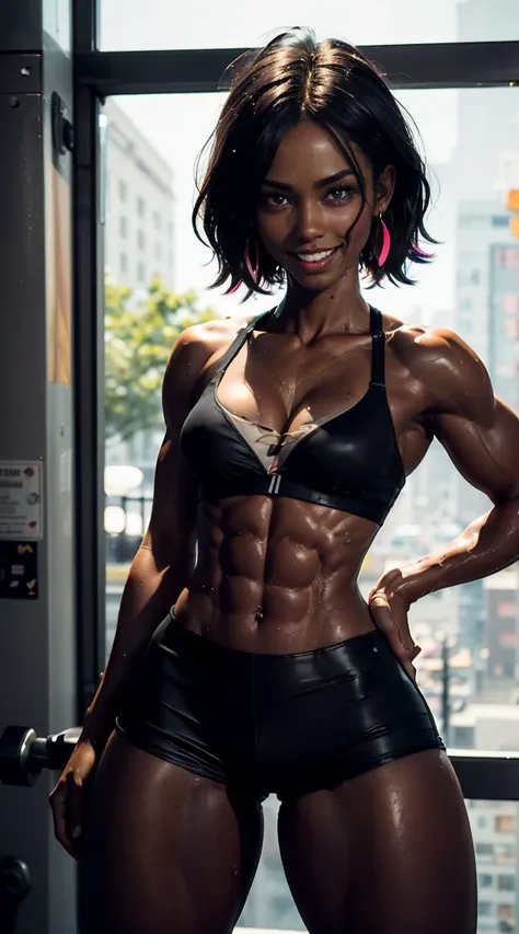 (Muscular:2), (thick muscular thighs:2.7), (wide hips:2.1), (black female:2), (dark skin:2.5), (wet, sweating:1.5), adult, earrings, eyeshadow, lipstick, bokeh, (freckles:0.9), (upper body view), (striations), (hard nipples:1.3), (small breasts:2), (colorf...