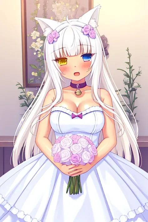 1girl, animal ears, solo, long hair, flower, dress, cat ears, bell, open mouth, looking at viewer, white dress,long white hair, heterochromia, yellow eye, blue eye, animal ear fluff, holding, cat girl, bangs, holding bouquet, blush, rose, indoors, neck bel...