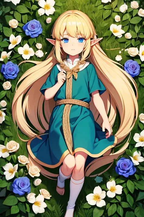 Very little elf boy, blond, with very long hair, with blue eyes, in flowers, with hands tied with rope