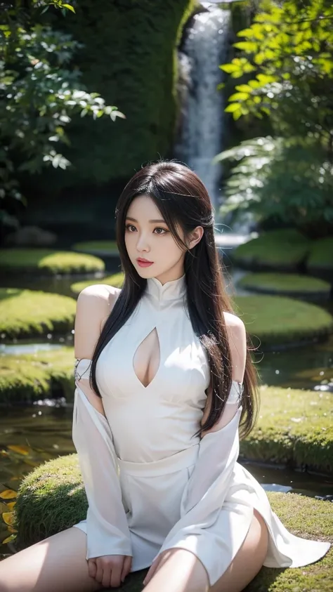 Imagine a breathtaking scene of a beautiful woman sitting gracefully on a moss-covered rock in the center of a serene pond. She is dressed in a stunning white outfit, meticulously crafted to resemble iconic characters from popular anime series such as Akal...