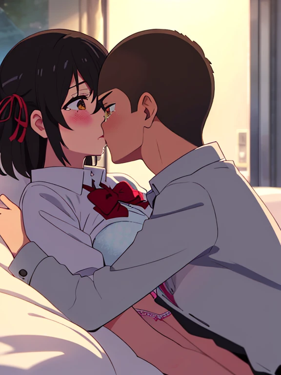 1boy, buzzcut, white long sleeve school uniform, face to face, boy holding girls shoulders, kiss attempt, cheek licking cheek, 1girl, mitsuha miyamizu, open eyes, tears eyes, black hair, red ribbon, red headband, short hair, blush, brown eyes, collared shi...