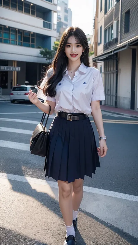 highest resolution, 8K, high definition, (((long hair))), (( thai student, half-caste, Thai-Japanese-Korean, Age 18-25 years, Height 173 centimeters)), (((stand, walk))) , (((Beautiful face, แต่งBeautiful face, Double eyelids, red lips, Smile at the corner...