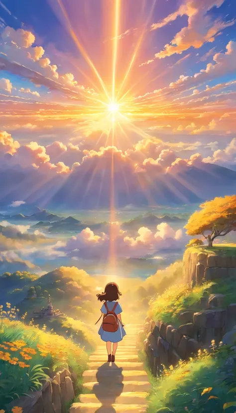 "A mesmerizing sunset scene with a girl mesmerized by the majestic golden rays of sunlight and clouds, creating an awe-inspiring and vivid color palette. Masterpiece."