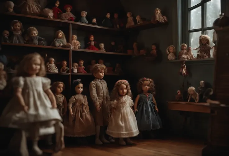 creepy children&#39;s room, Nobody is here, spider webs、many dolls lined up on a shelf, the dolls are looking at the viewer, surreal, 