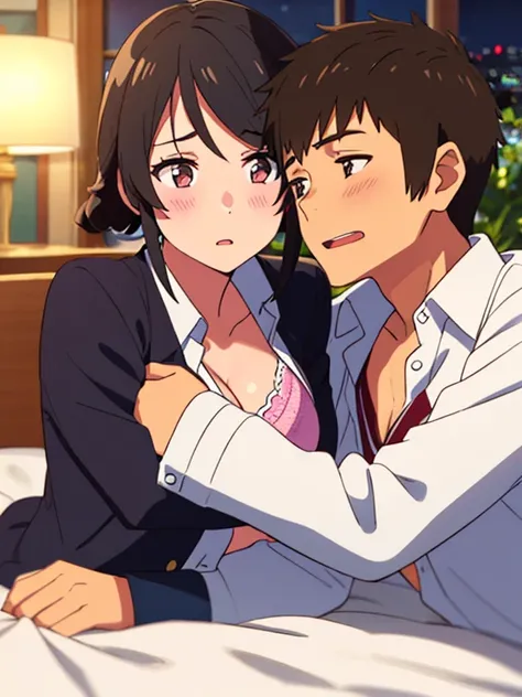 1boy, buzzcut, school uniform, face to face, cheek kissing, hug, 1girl, mitsuha miyamizu, open mouth, black hair, short hair, blush, brown eyes, collared shirt, white long sleeve, unbuttoned shirt, open shirt, light pink bra, cleavage, medium breast, indoo...