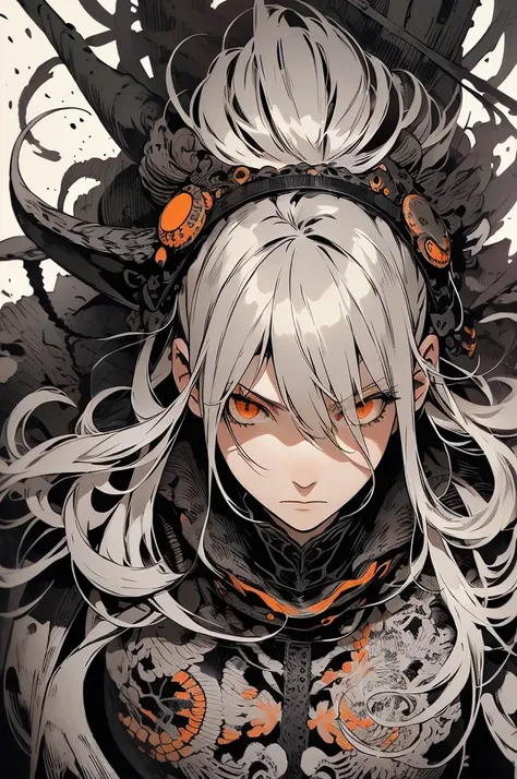 Tsutomu Nihei&#39;s style,(incredibly disorganized, (High resolution:1.18), intricate details, (masterpiece:1.1), (highest quality:1.1), disorganized),(1 girl, portrait, gray hair, orange eyes, long hair, fine eyes),