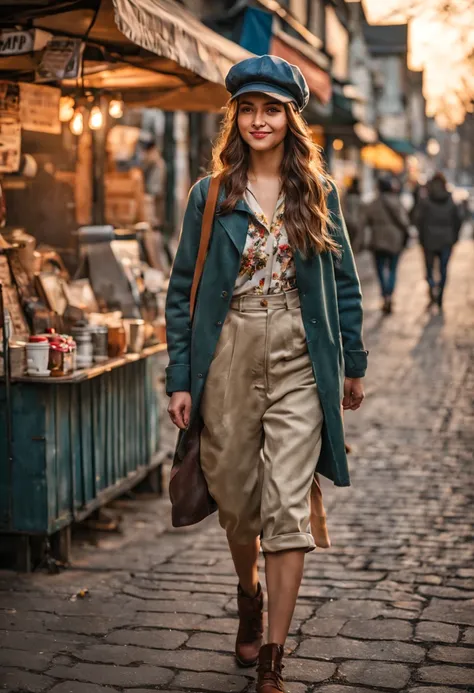 A beautiful 20 years old woman donning spring costume and newsboy cap walks on a sidewalk of the town with radiant positive expression, insanely detailed roadside street food stalls and coffee shops, vibrant early evening scene, professional street photogr...