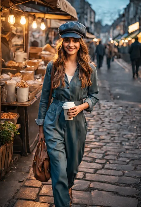 A beautiful 20 years old woman donning spring costume and newsboy cap walks on a sidewalk of the town with radiant positive expression, insanely detailed roadside street food stalls and coffee shops, vibrant early evening scene, professional street photogr...