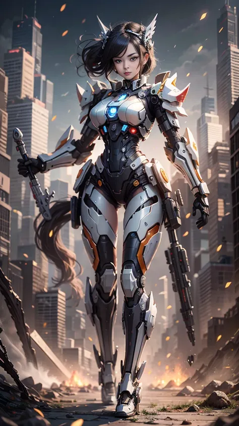 ((Best Quality)), ((Masterpiece)), (Very Detailed: 1.3), 3D, Icaru valkyrie-mecha, Beautiful cyberpunk young girl using a crown,{beautiful and detailed eyes}, sci-fi technology, HDR (High Dynamic Range), Weapon, Sword, holding_sword, ray tracing, Nvidia RT...