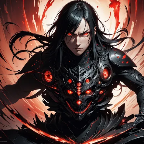 Tsutomu Nihei&#39;s style,(incredibly disorganized, (High resolution:1.18), intricate details, (masterpiece:1.1), (highest quality:1.1), disorganized),(1 boy, portrait, black hair, glowing red eyes, long hair, fine eyes),