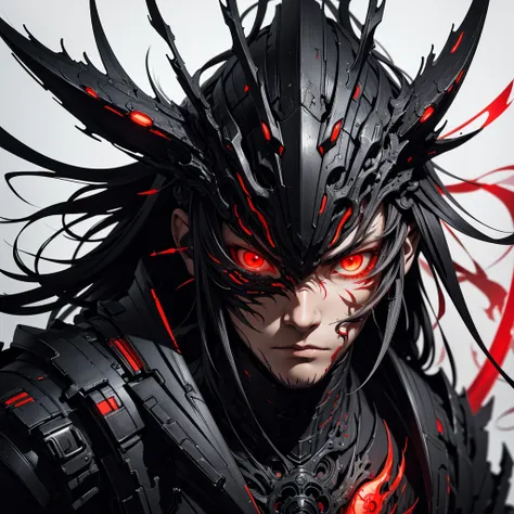 Tsutomu Nihei&#39;s style,(incredibly disorganized, (High resolution:1.18), intricate details, (masterpiece:1.1), (highest quality:1.1), disorganized),(1 boy, portrait, black hair, glowing red eyes, long hair, fine eyes),