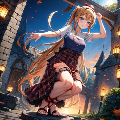 reddish-brown blonde、blue hair、blue eyes、ponytail、one good looking girl、solo、anime、Plaid miniskirt、camisole、squatting down、black t-shirt、Tilting your face、Doing the ribbon、Ribbon at waist、sunset sky、broken stone steps、Remains、tunnel、Fallen leaves、Light and...