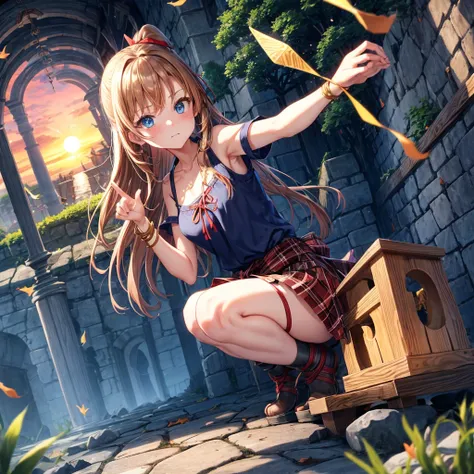 reddish-brown blonde、blue hair、blue eyes、ponytail、one good looking girl、solo、anime、Plaid miniskirt、camisole、squatting down、black t-shirt、Tilting your face、Doing the ribbon、Ribbon at waist、sunset sky、broken stone steps、Remains、tunnel、Fallen leaves、Light and...