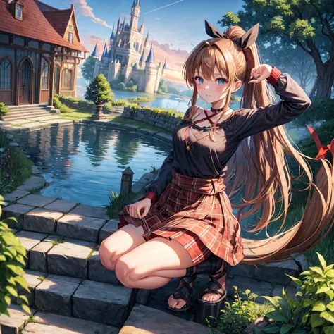 reddish-brown blonde、blue hair、blue eyes、ponytail、one good looking girl、solo、anime、Plaid miniskirt、camisole、squatting down、black t-shirt、Tilting your face、Doing the ribbon、Ribbon at waist、sunset sky、broken stone steps、Remains、tunnel、Fallen leaves、Light and...