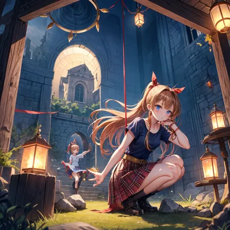 reddish-brown blonde、blue hair、blue eyes、ponytail、one good looking girl、solo、anime、Plaid miniskirt、camisole、squatting down、black t-shirt、Tilting your face、Doing the ribbon、Ribbon at waist、sunset sky、broken stone steps、Remains、tunnel、Fallen leaves、Light and...