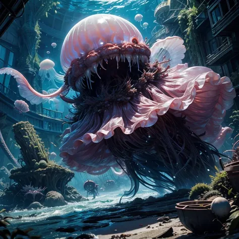 Jellyfish Monster、Huge body、That&#39;s horrible、ferocity、The whole body of the jellyfish is covered with garbage.、Spreading poison、Monster、jellyfishMonster、trashMonster、scary