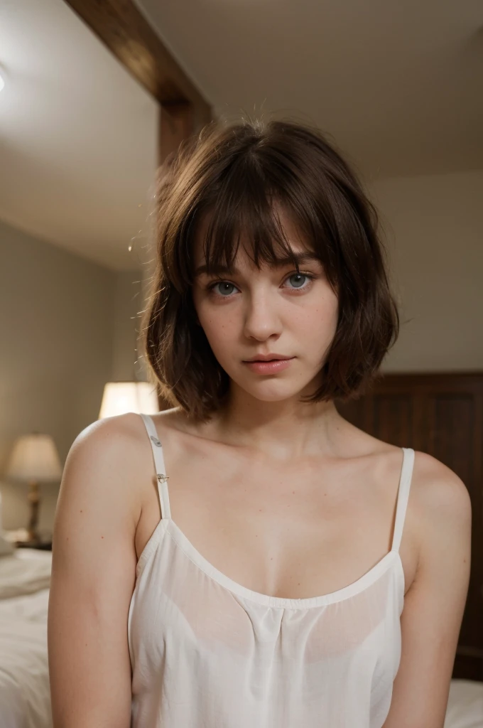 (best quality, realistic:1.37), ultra-detailed, sad, shy, teenage girl, extremely big bright blue eyes, small nose, pale skin, short straight brown hair with bangs, white nightgown, bedroom