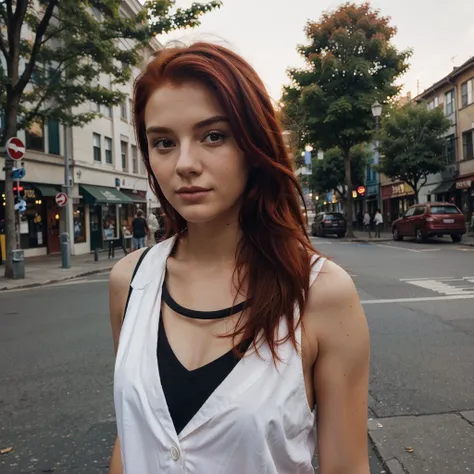 20 years old beautiful red hair woman street photo
