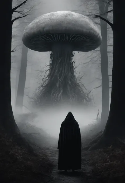 (((best quality))),(((ultra detailed))),(((masterpiece))), a huge scary mushroom monster stands in the forest, it has seven eyes, two mouths, a person with a black cloak standing in front of it