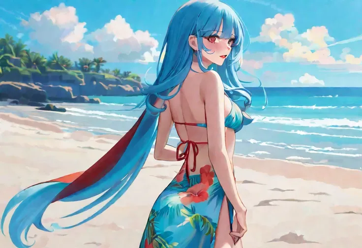 A woman with long cyan-blue hair is walking on the beach, looking back and reaching out for you to join her. Shes dressed in a tropical-colored swimsuit cover-up and bikini, sporting red lipstick and a slight blush. The weather and lighting are serene, wit...