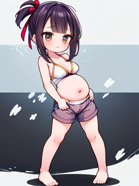 (Very high quality, detailed) An image of a full body pregnant girl with a round belly, long hair, very big breasts and a bubble butt. Shes standing barefoot with her hands on her belly. Shes wearing a crop top, very thight shorts, glasses.