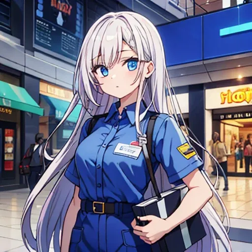 Long hair, blue eyes, earpiece, employee uniform, shop, mall