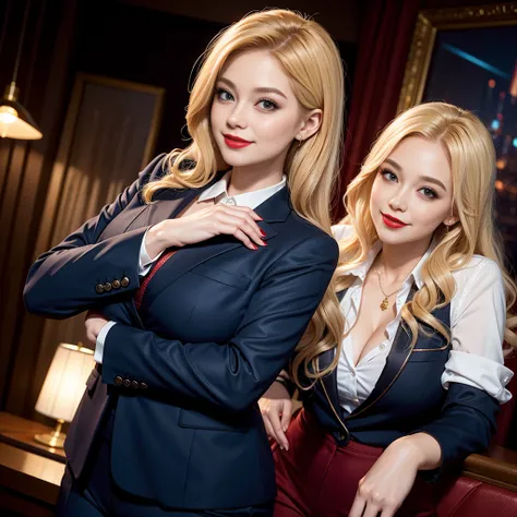 Female Businesswoman，masterpiece，light makeup，red lips，blonde，night bar background，liquor、beautiful，smile。super fine details、authentic texture，Realistic movie lighting，perfect official career，8K，HD，exquisite features，navy formal suit，tight slacks，big and b...