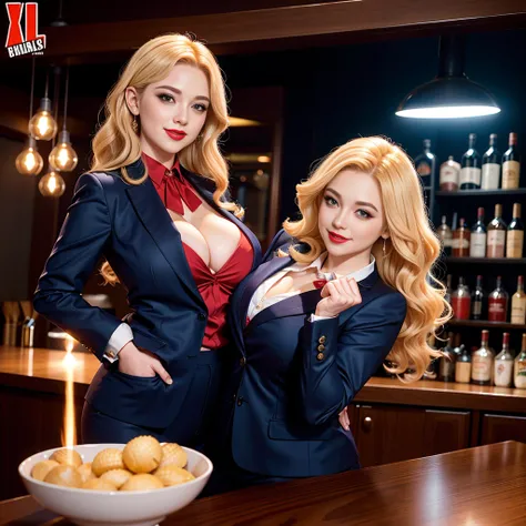 Female Businesswoman，masterpiece，light makeup，red lips，blonde，night bar background，liquor、beautiful，smile。super fine details、authentic texture，Realistic movie lighting，perfect official career，8K，HD，exquisite features，navy formal suit，tight slacks，big and b...