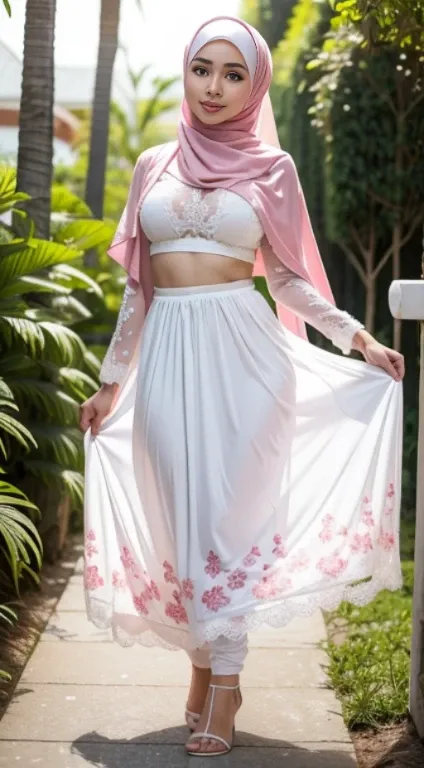 ,RAW, Best quality, high resolution, Masterpiece: 1.3), Beautiful Malay woman in hijab, Masterpiece, Perfect slim body, ((Big breasts)), Beautiful big eyes, Soft smile,Malay woman in hijap a white dress with small floral motifs and a pink shawl, wearing a ...