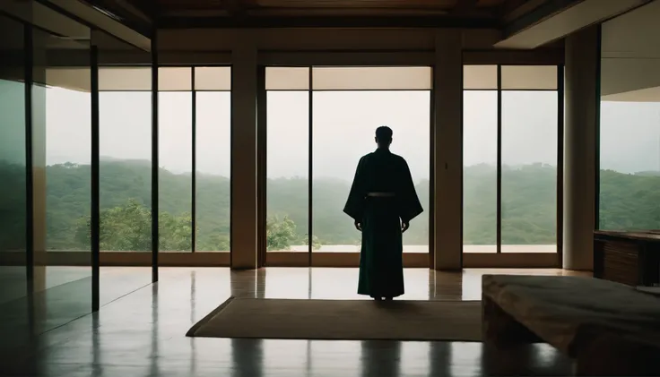 A simple room with no furniture. A man stands in a room with white floors and walls. He is wearing a dark green kimono. He is looking out the window.