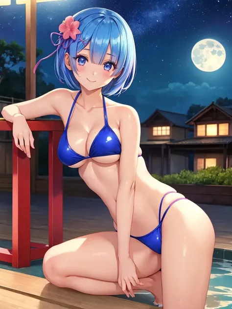 masterpiece, highest quality, Super detailed, 1 girl、Rem、Re:zero、blue hair、short hair、 super fine illustration、美しいseductive anime girl、Super detailed、night、Beerで乾杯、Beer、full moon、Sunburn mark、black skin、smile、beautiful bluish eyes、beautiful proportions、gen...