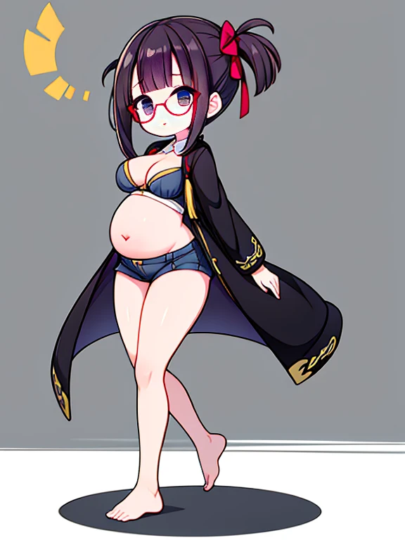 (Very high quality, detailed) An image of a full body pregnant girl with a round belly, long hair, very big breasts, bubble butt and pretty thick body. Shes standing barefoot with her hands on her belly. Shes wearing a crop top, very thight shorts, glasses...