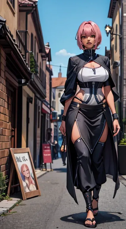 sexy pose, pink hair, (short bangs hair:1.36), detailed yellow eyes, narrow waist, depth of field, 1girl, (on a   background:1.3), (full body), big breasts, wide hips, athletic figure, ((thigh cutout)), (((dark skin))), walking,*priestess, pullover, , walk...