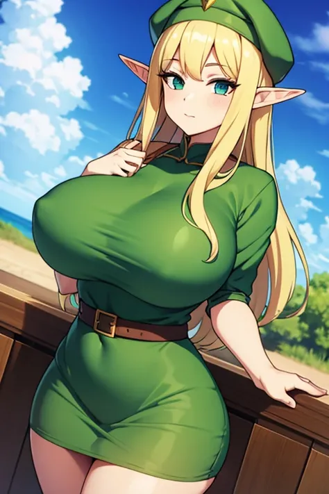 Elf Girl, with big breasts, in a dress, in a green cap