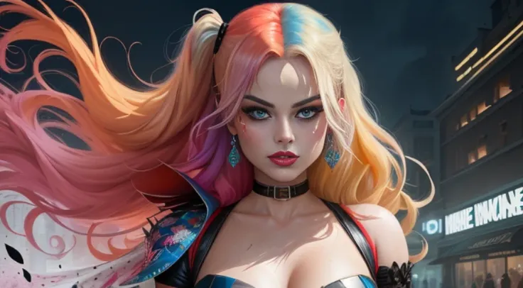 Create a color digital line art portrait of medium photo of the character of Margot Robbies Harley Quinn in the style of artists such as Russ Mills, Sakimichan, Wlop, Loish, Artgerm, Darek Zabrocki and Jean-Baptiste Monge. Include colorful drips, paper tex...