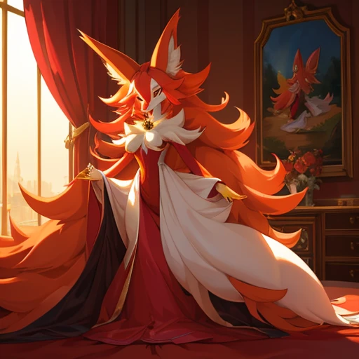 (best quality, ultra-detailed, photorealistic), Delphox female in underwear, a mature and elegant Delphox with a slim and hot body, vibrant red fur, long flowing fiery red hair, a pair of mesmerizing golden eyes with a hint of wisdom, flawless porcelain-li...